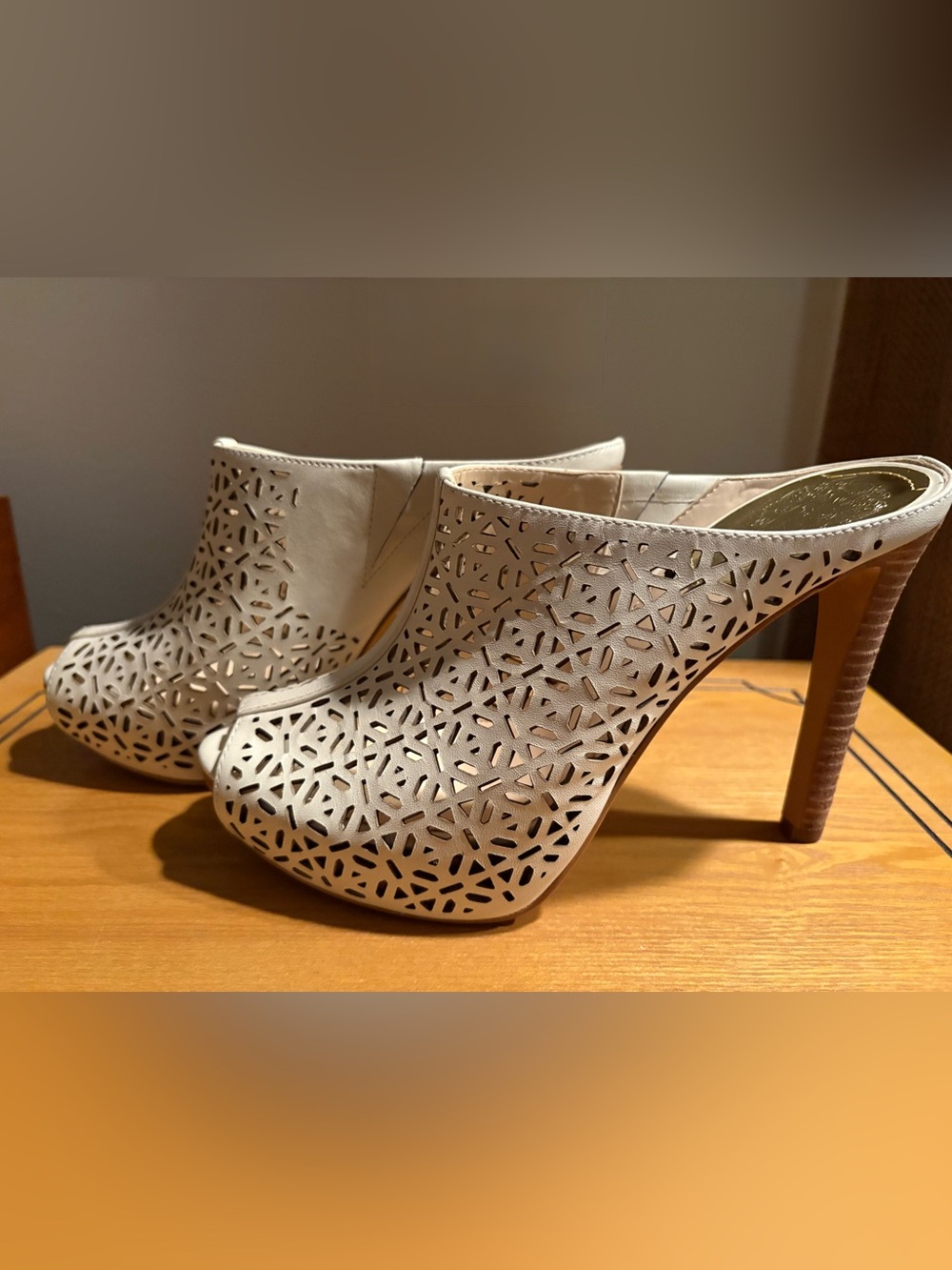 Vince Camuto Cream Laser-Cut Peep-Toe Mule Heels